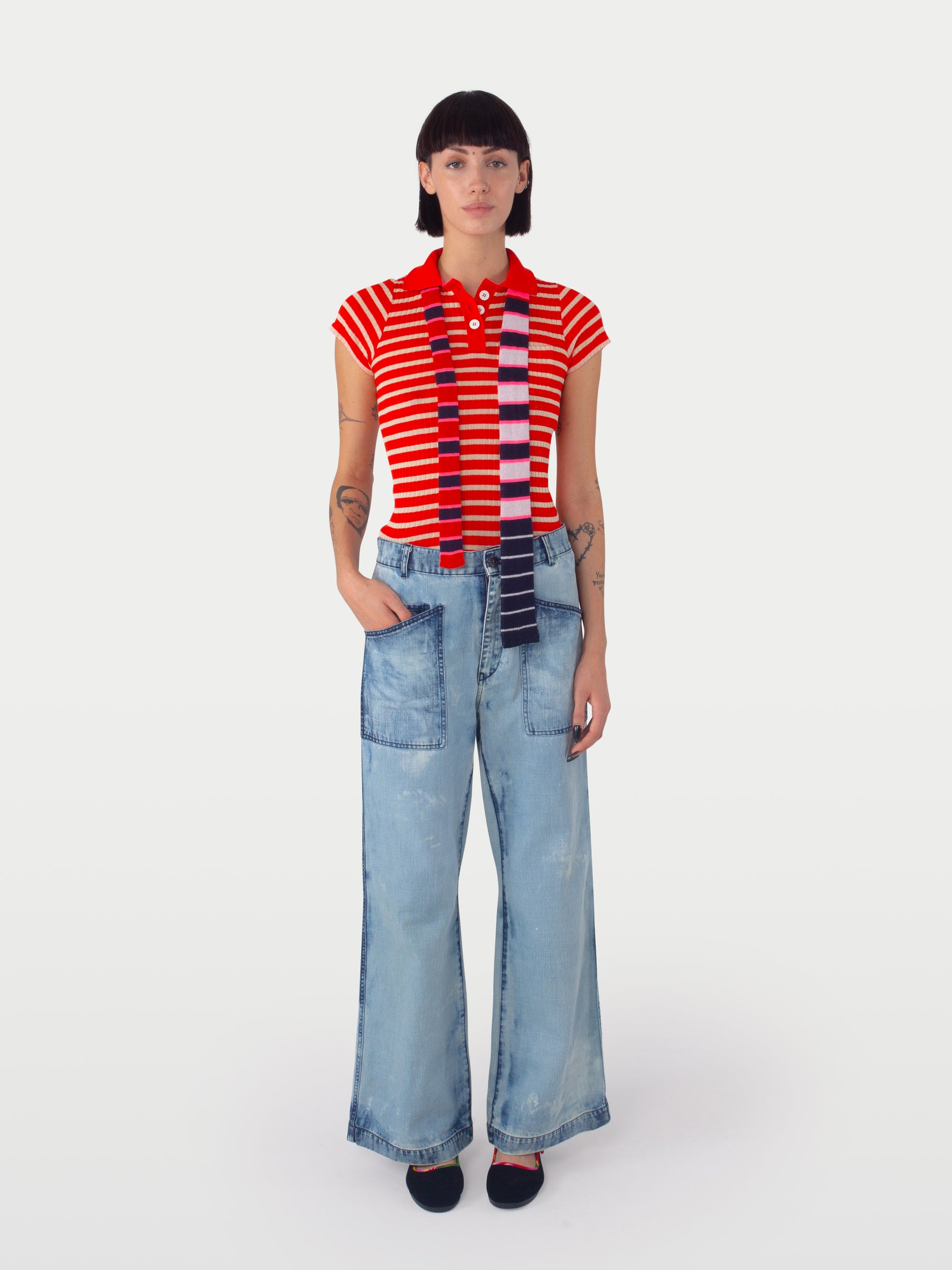 MICKA Striped Polo Top - Red / Ecru
