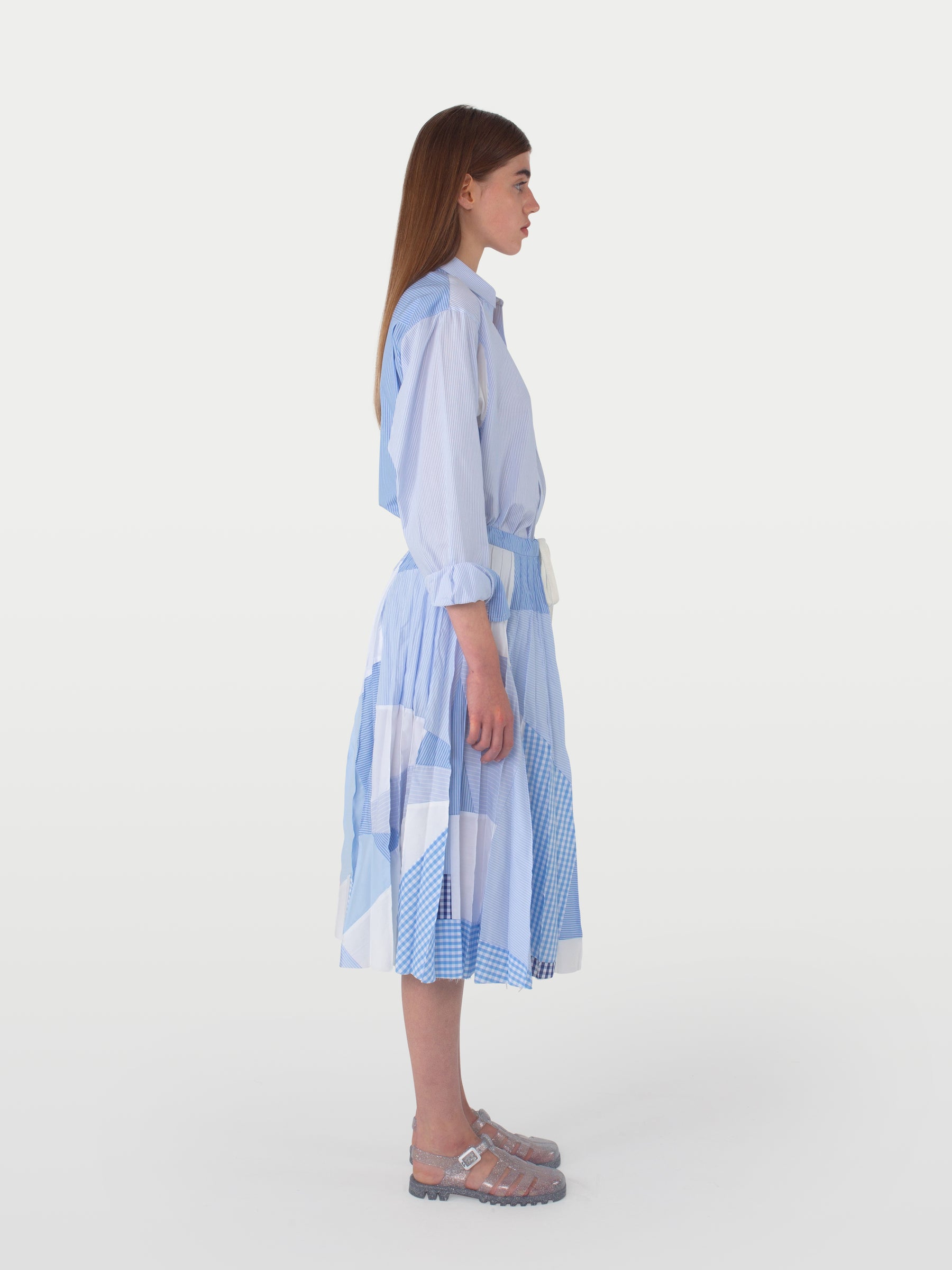 CECILE Pleated Kilt - Blue Shirting Fabric
