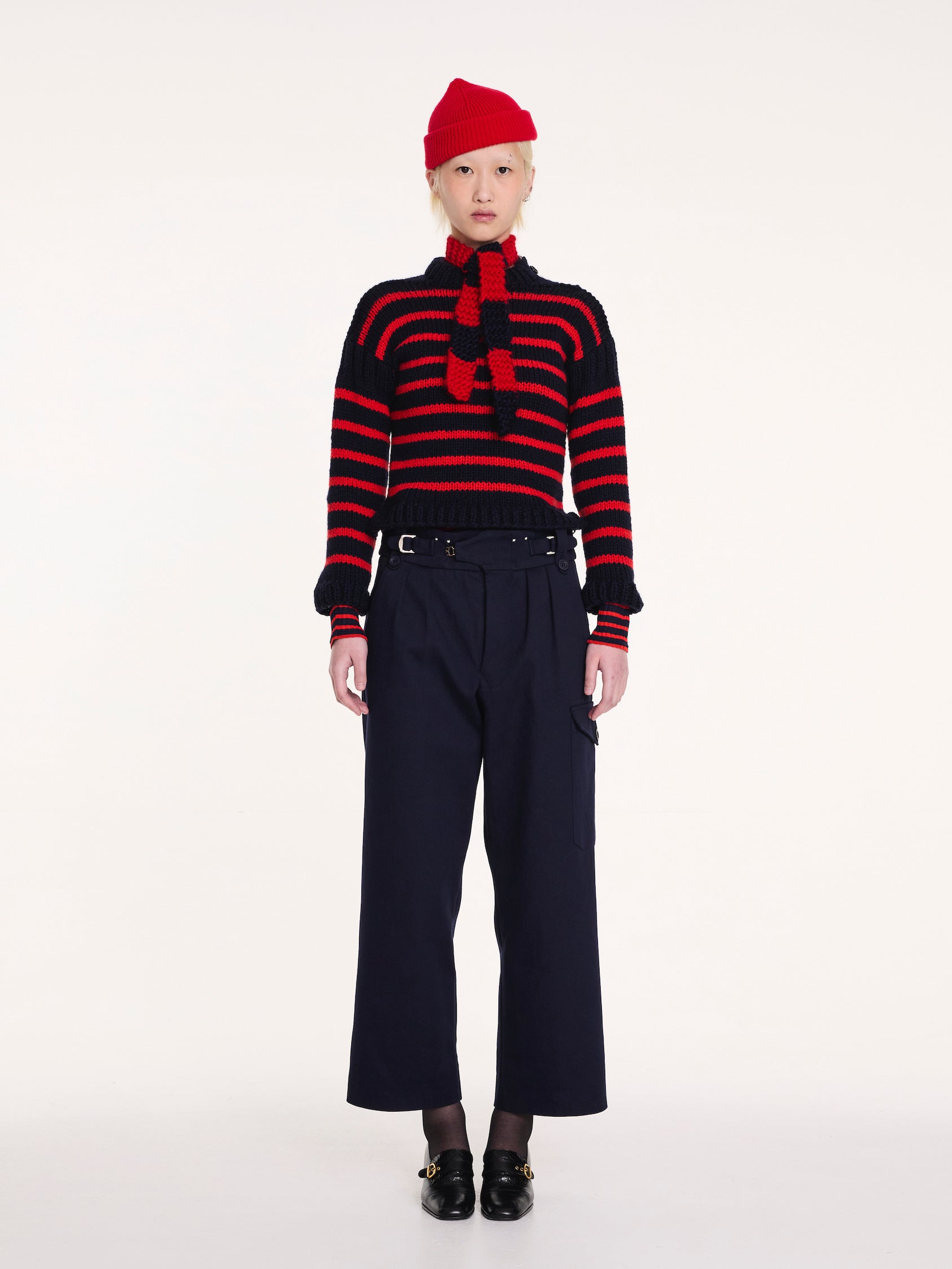 QUENTIN Handknitted Striped Scarf - Navy / Red
