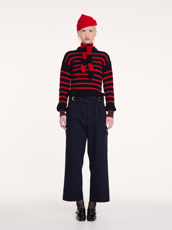 QUENTIN Handknitted Striped Scarf - Navy / Red
