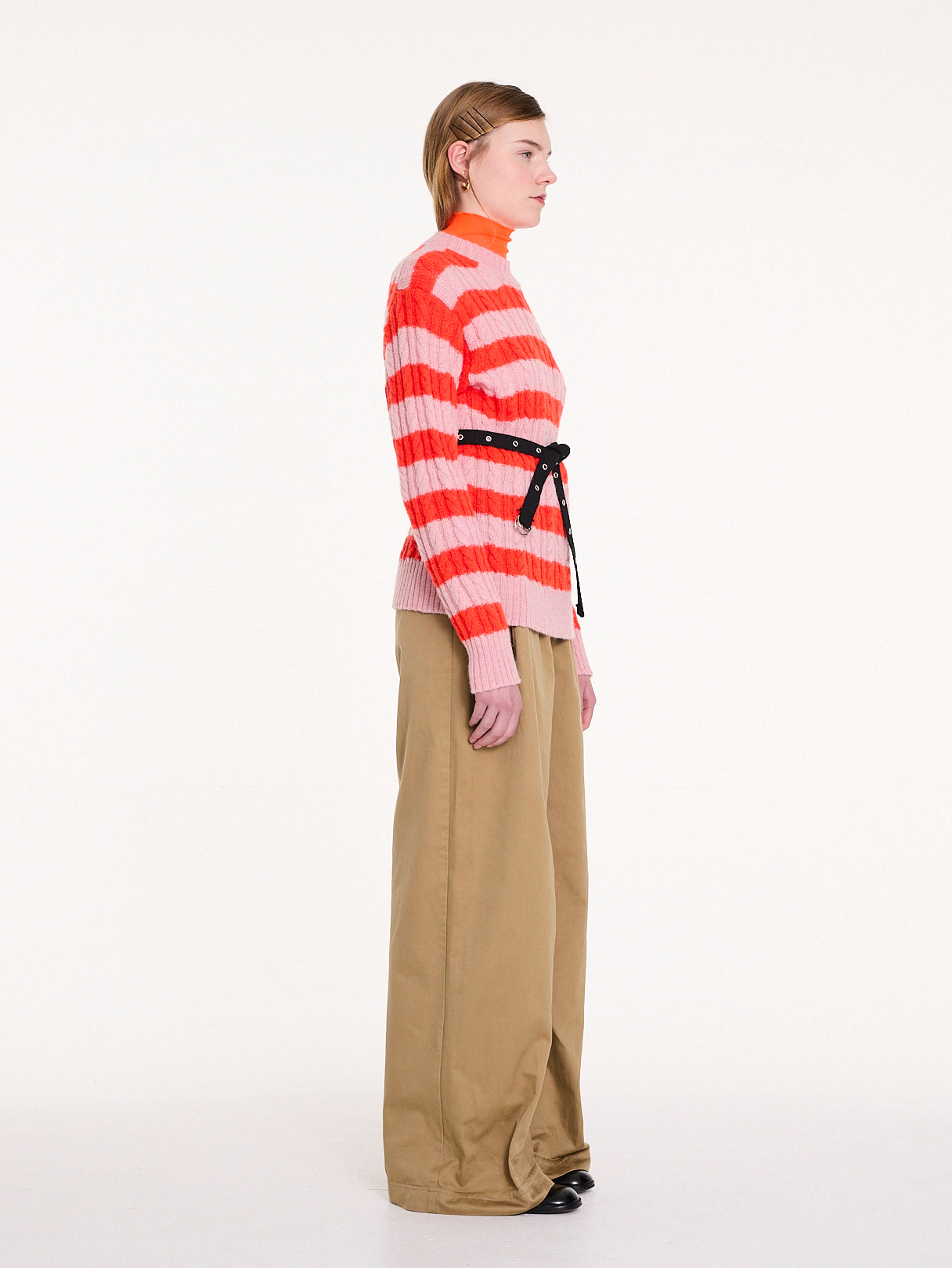 KURT Striped Cable Sweater - Light Pink / Neon Orange