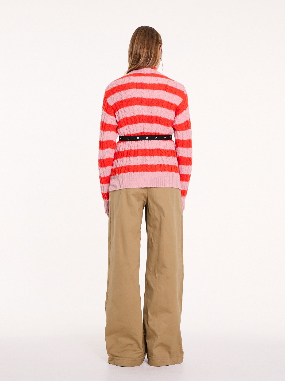 KURT Striped Cable Sweater - Light Pink / Neon Orange