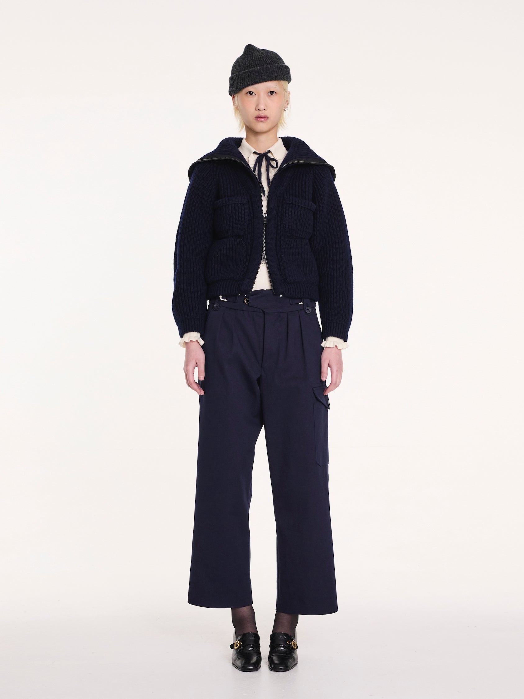 CAXI Chunky Rib Knitted Jacket - Navy