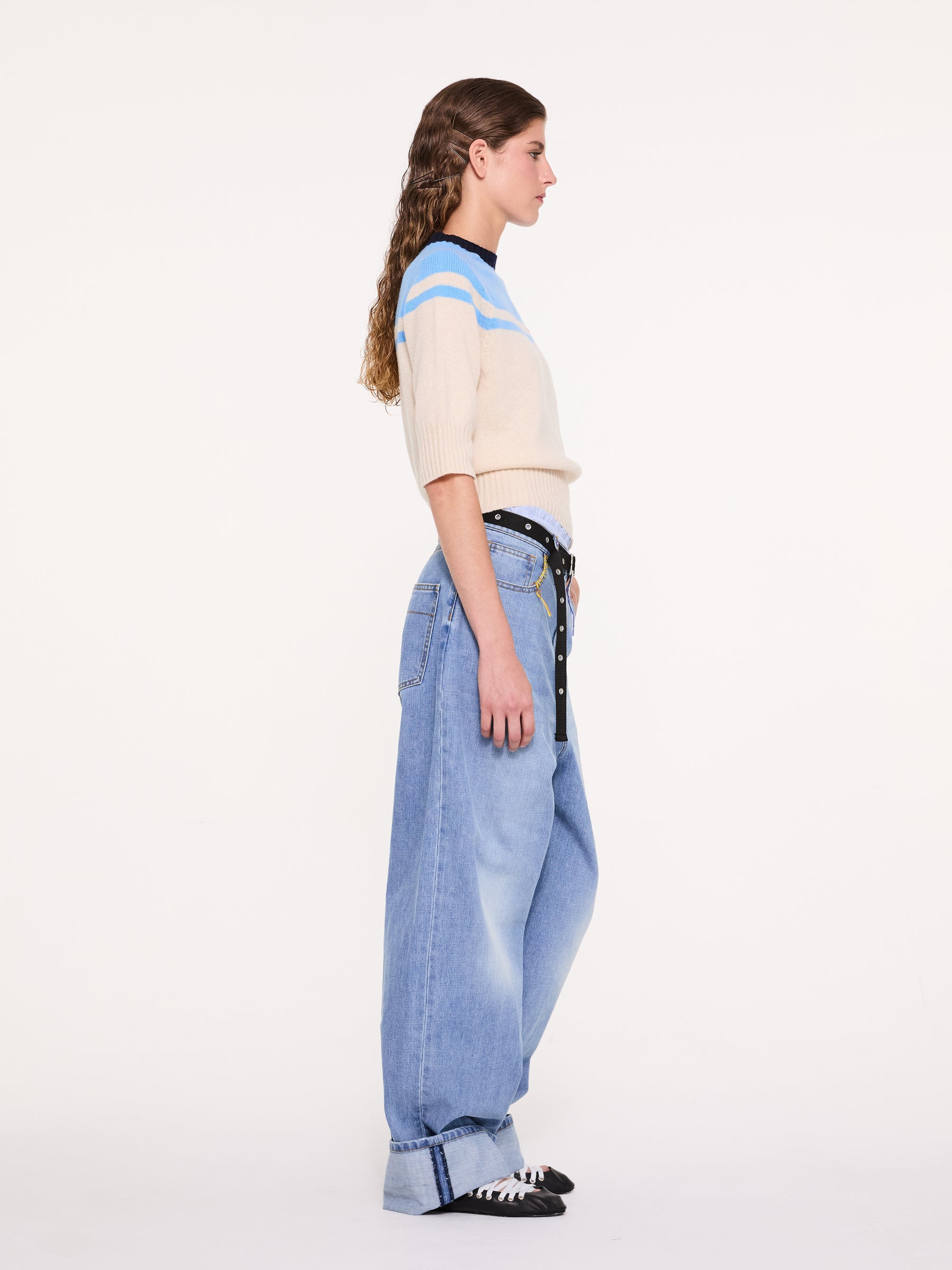ADY 3/4 Sleeve Sweater - Light Blue / Ecru / Navy