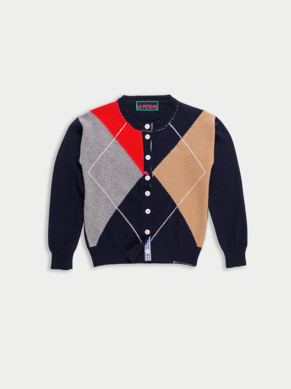 CYNTHIA Crew Neck Argyle Cardigan - Navy / Camel / Grey / Red / Neon Pink