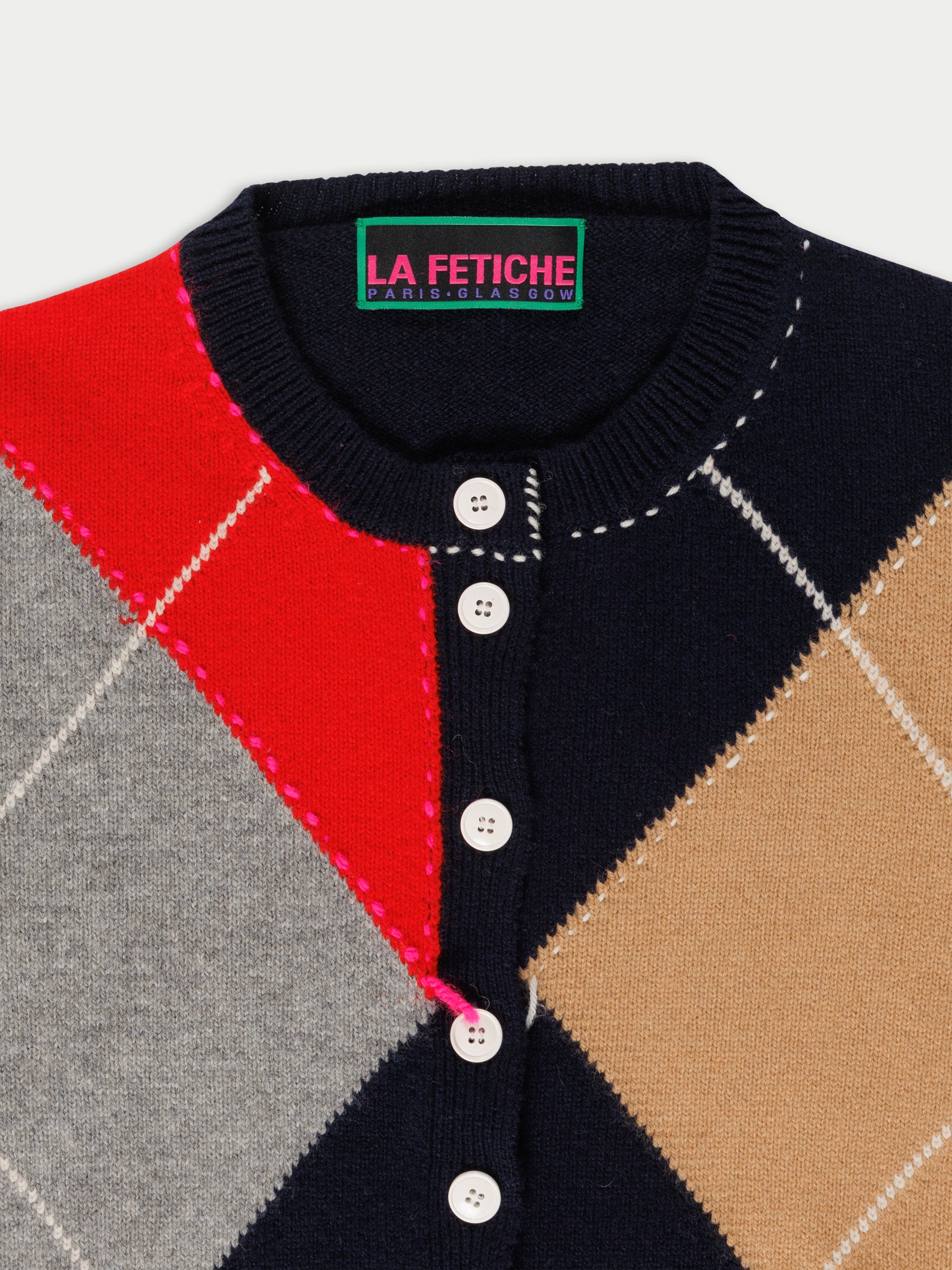 CYNTHIA Crew Neck Argyle Cardigan - Navy / Camel / Grey / Red / Neon Pink