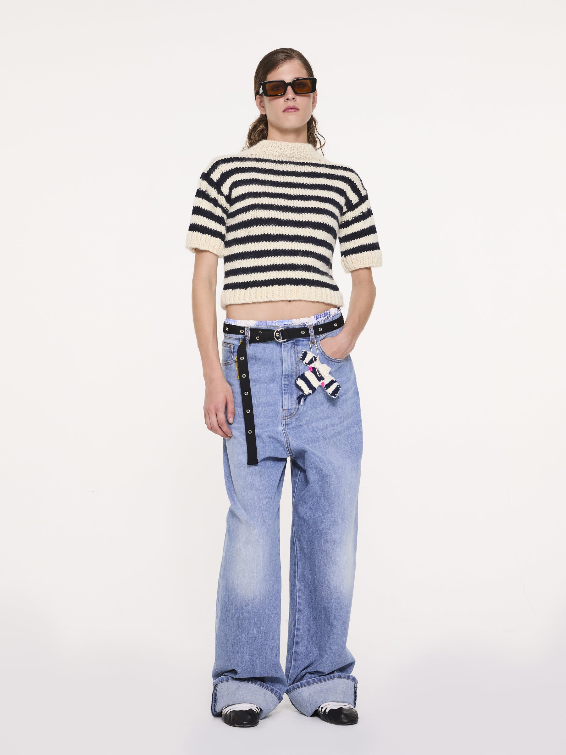FAY Hand Knit Striped T-shirt Sweater - Ecru / Navy / Neon