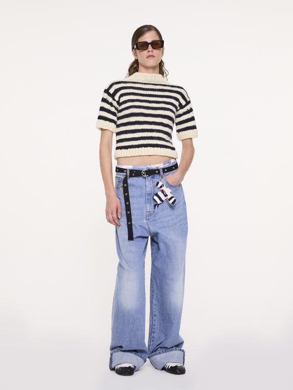 FAY Hand Knit Striped T-shirt Sweater - Ecru / Navy / Neon