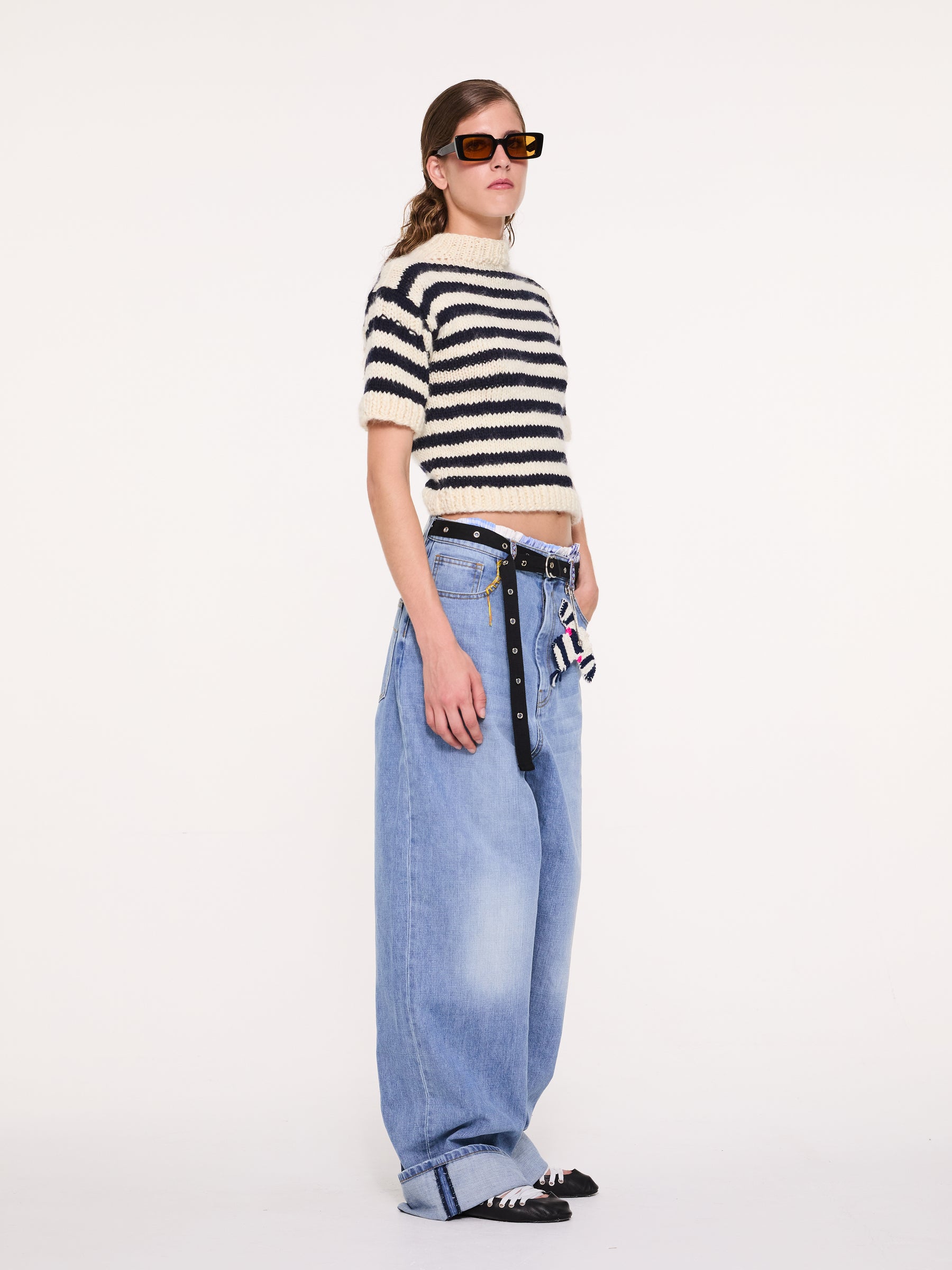FAY Hand Knit Striped T-shirt Sweater - Ecru / Navy / Neon