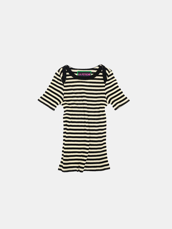 JAJA Striped Short Sleeve Top - Black / Ecru