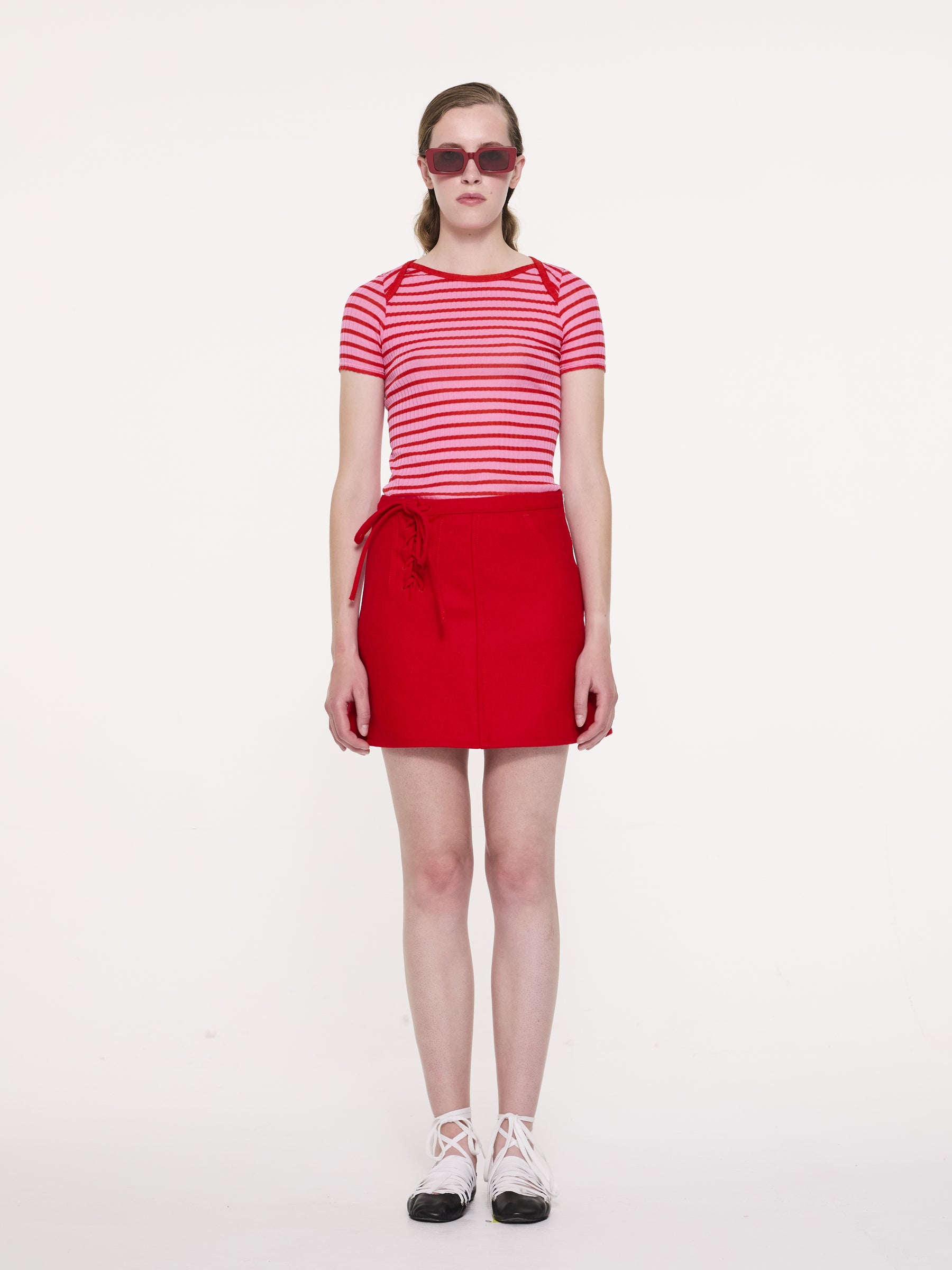 JAJA Striped Short Sleeve Top - Light Pink / Red
