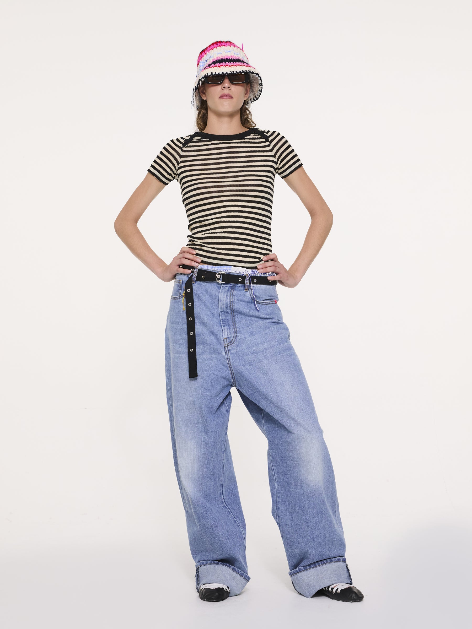 JAJA Striped Short Sleeve Top - Black / Ecru
