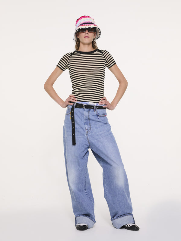 JAJA Striped Short Sleeve Top - Black / Ecru