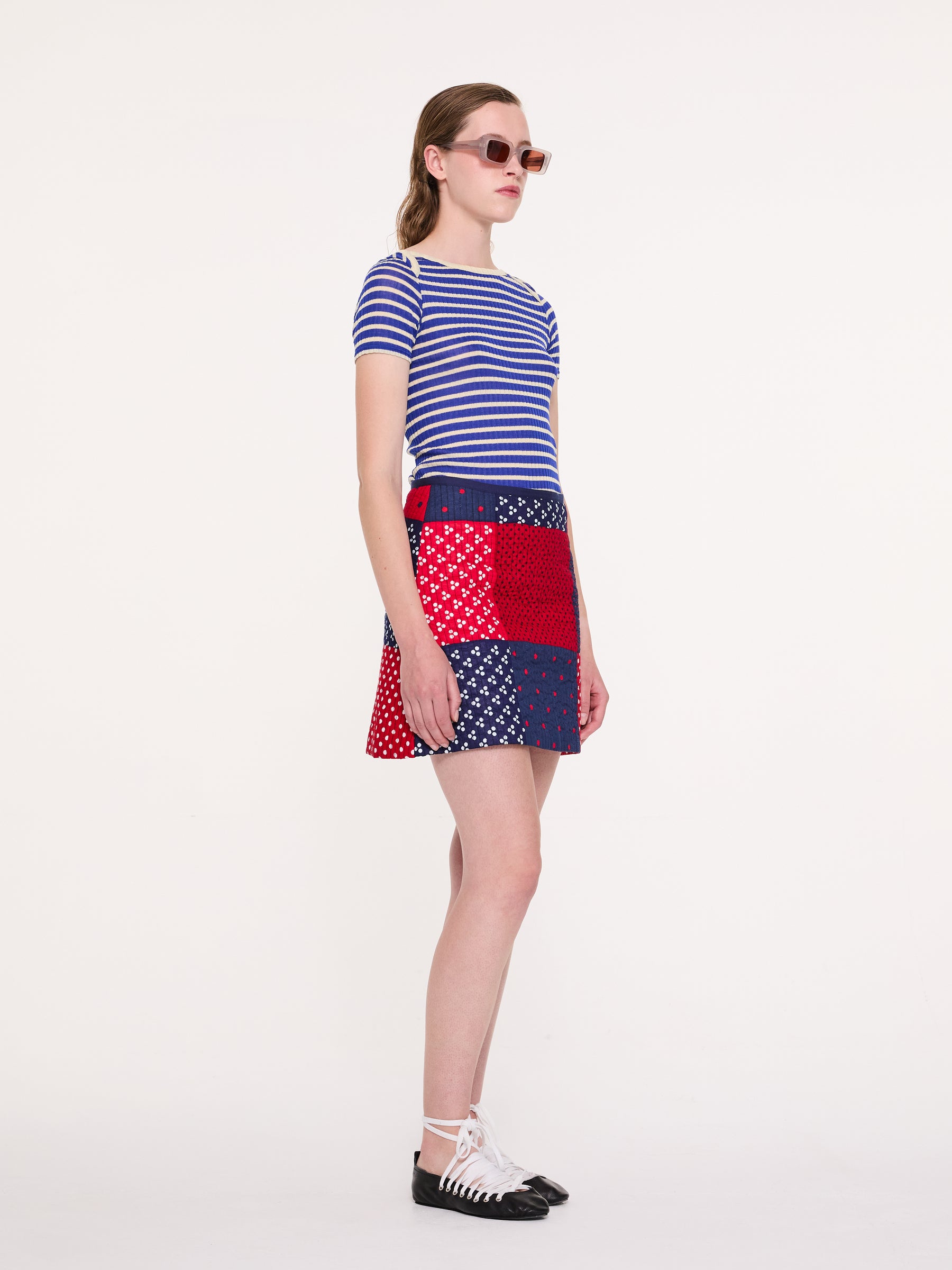 LISON Quilted Patchwork Mini Skirt - Red / Navy