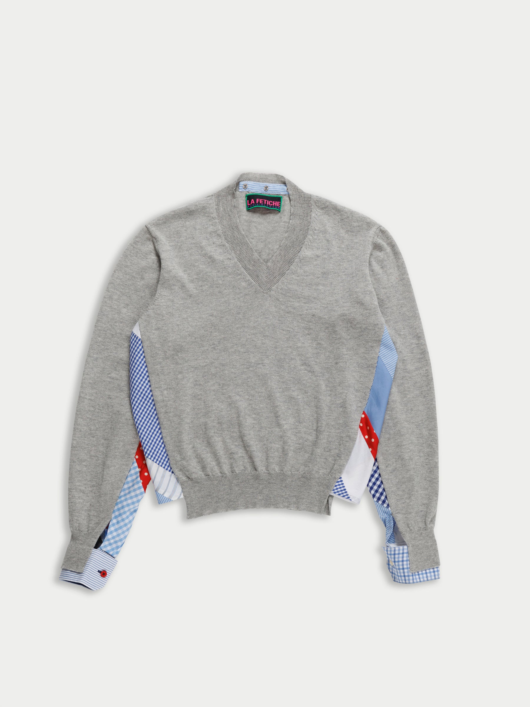 ROBBIE Menswear V-neck Sweater - Grey / Blue Shirting