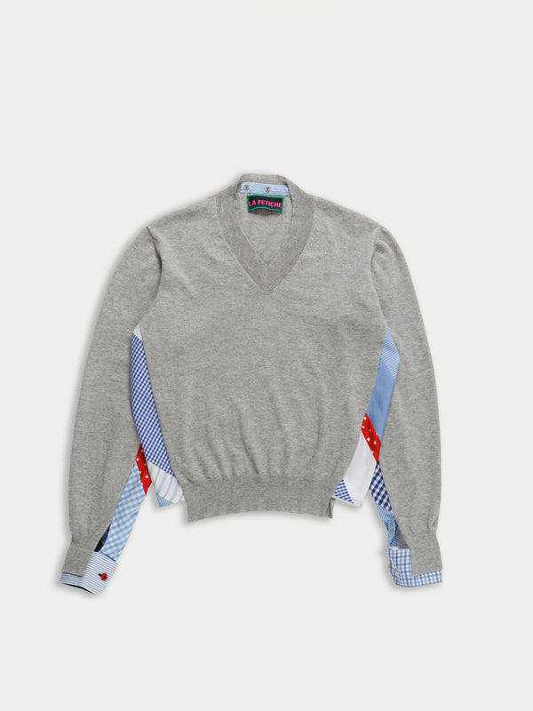 ROBBIE Menswear V-neck Sweater - Grey / Blue Shirting