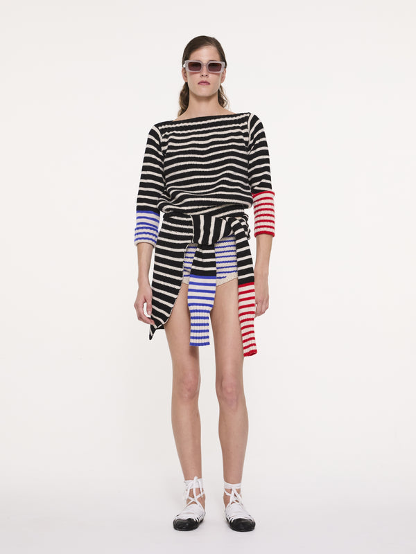 ROSE STRIPE Striped “sweater” Scarf - Black / Ecru / Blue / Red