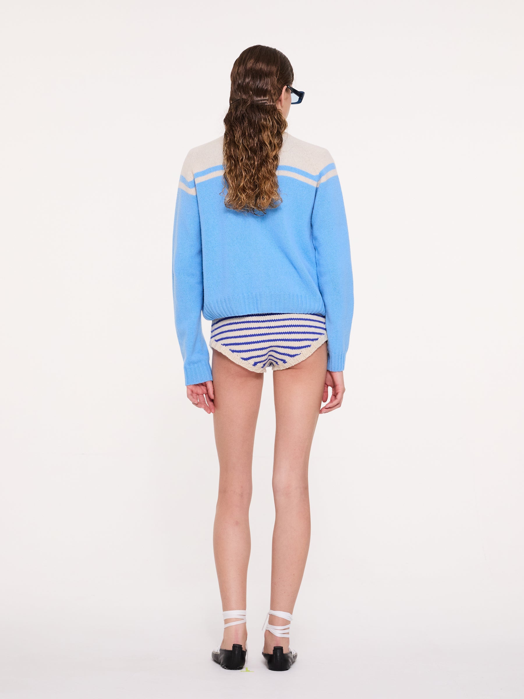 EDIE Handknitted Striped Pants - Ecru / Blue