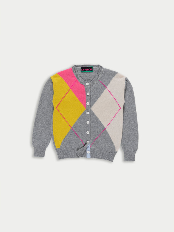 CYNTHIA Crew Neck Argyle Cardigan - Grey