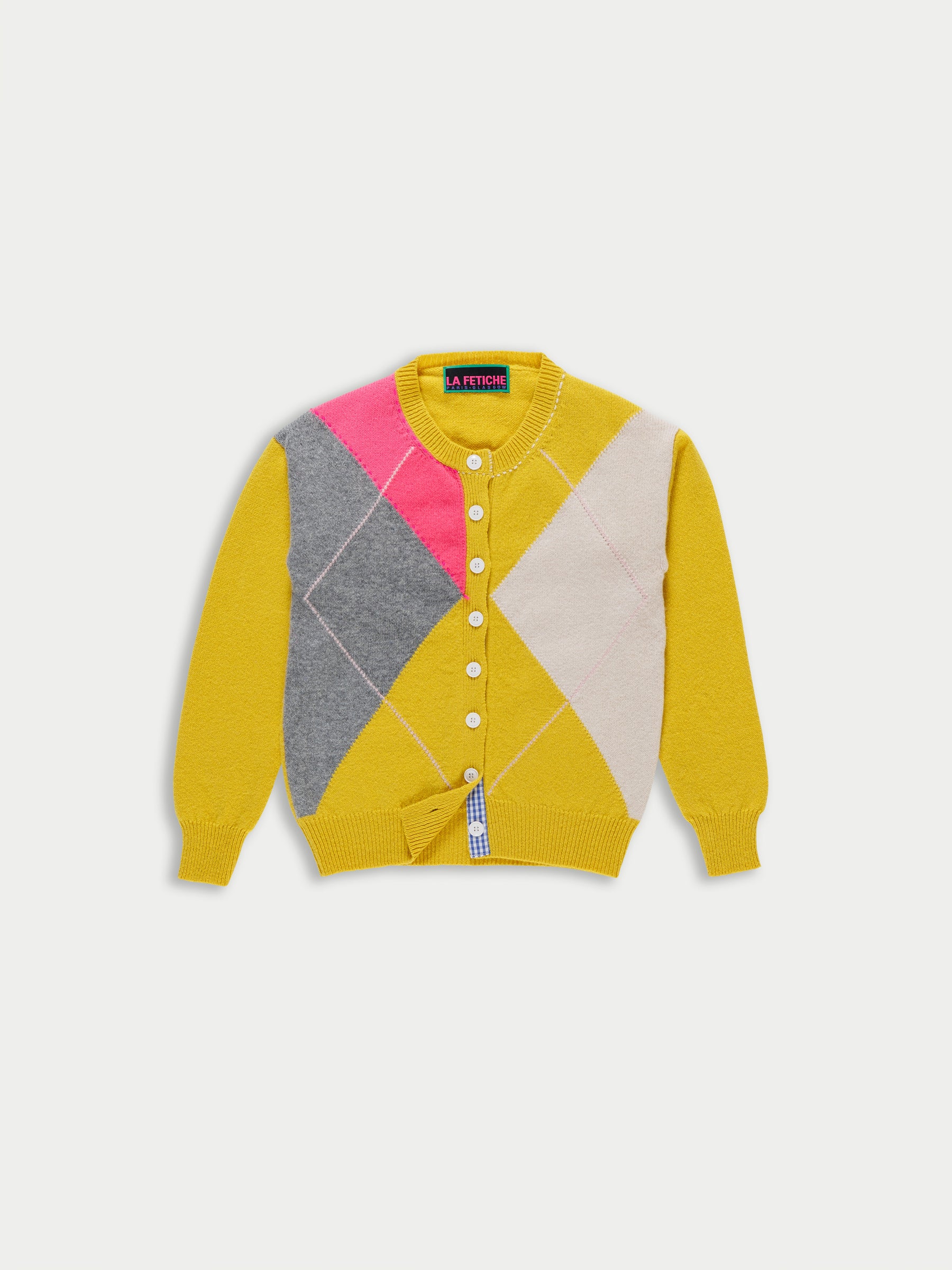CYNTHIA Crew Neck Argyle Cardigan - Yellow
