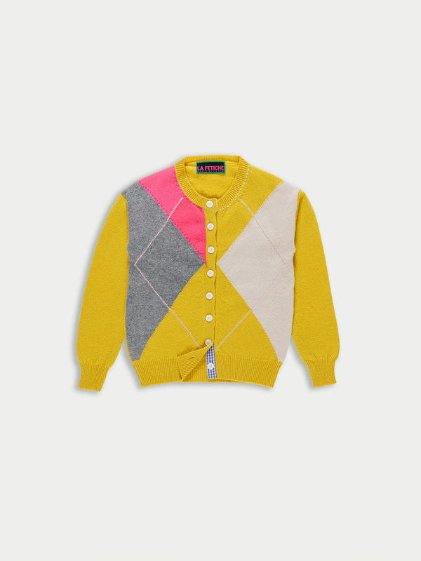 CYNTHIA Crew Neck Argyle Cardigan - Yellow