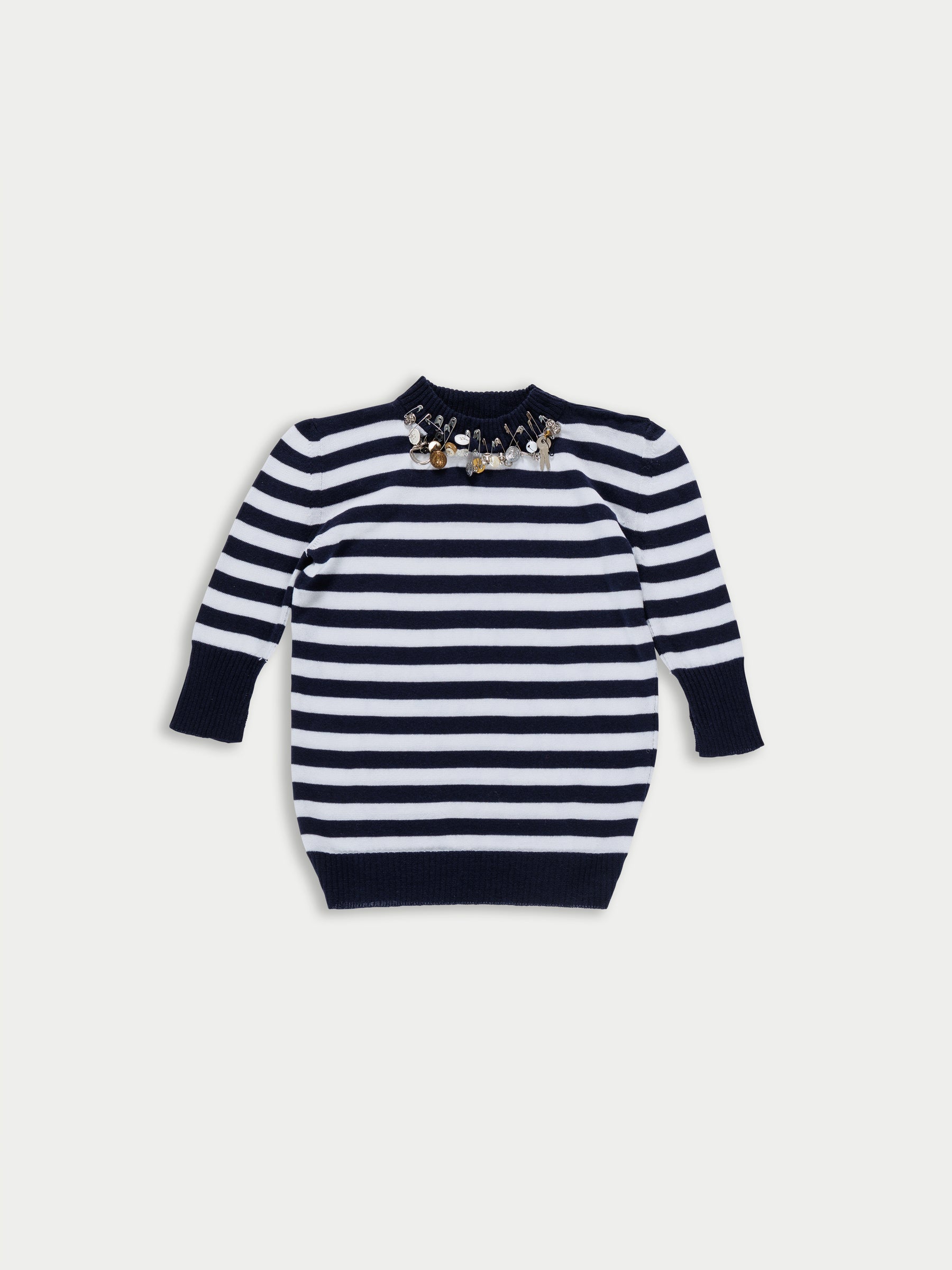 CARLI Striped Short Sleeve Embellished Sweater - Navy / White