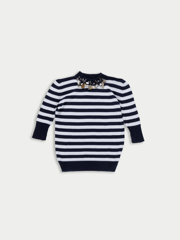 CARLI Striped Short Sleeve Embellished Sweater - Navy / White