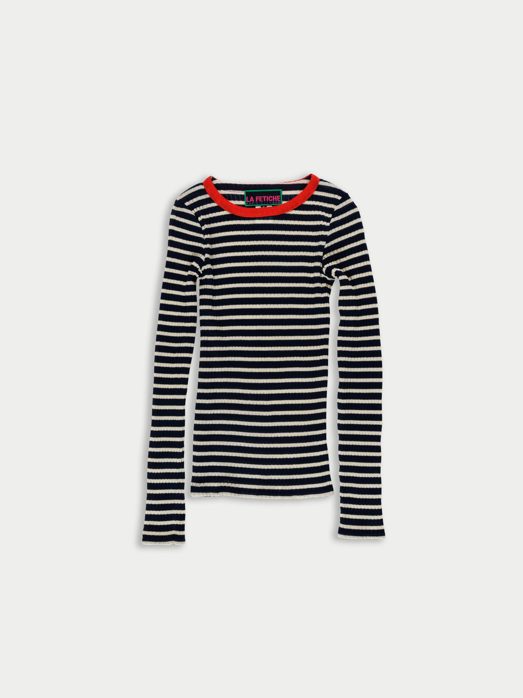JACKIE RAYE Fine Weight Ribbed Top - Navy / Ecru / Red