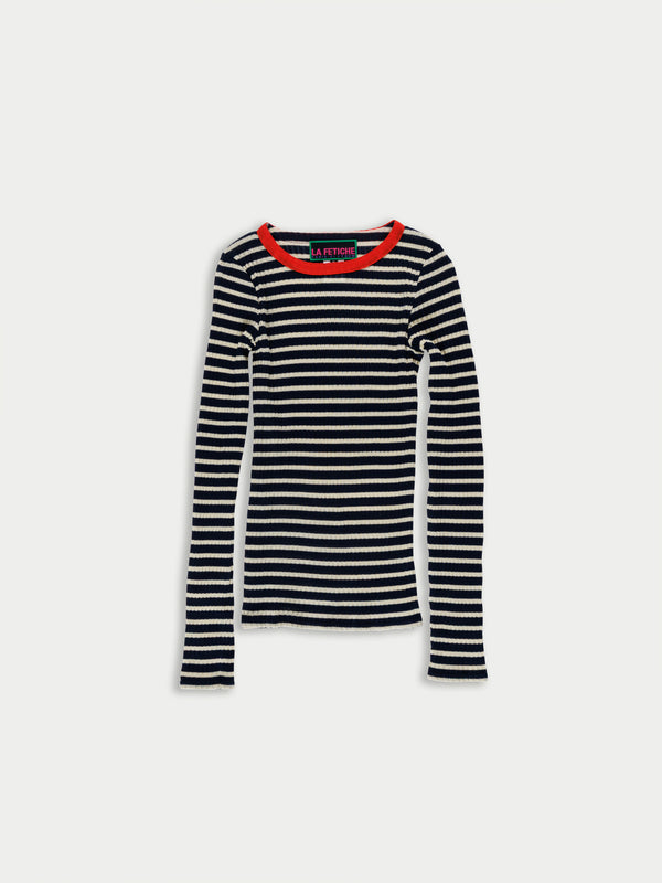 JACKIE RAYE Fine Weight Ribbed Top - Navy / Ecru / Red