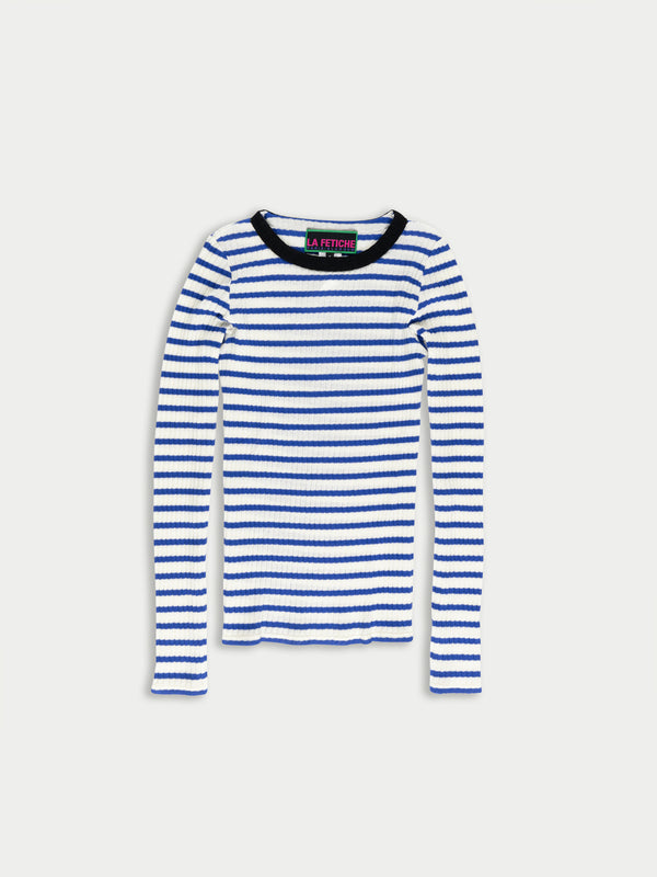 JACKIE RAYE Fine Weight Ribbed Top - Ecru / Blue / Black