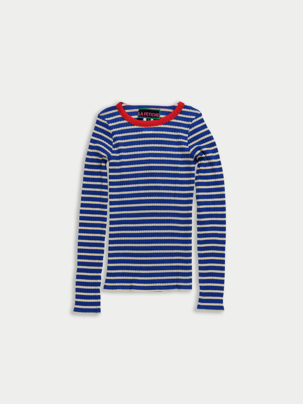 JACKIE RAYE Fine Weight Ribbed Top - Blue / Ecru / Red