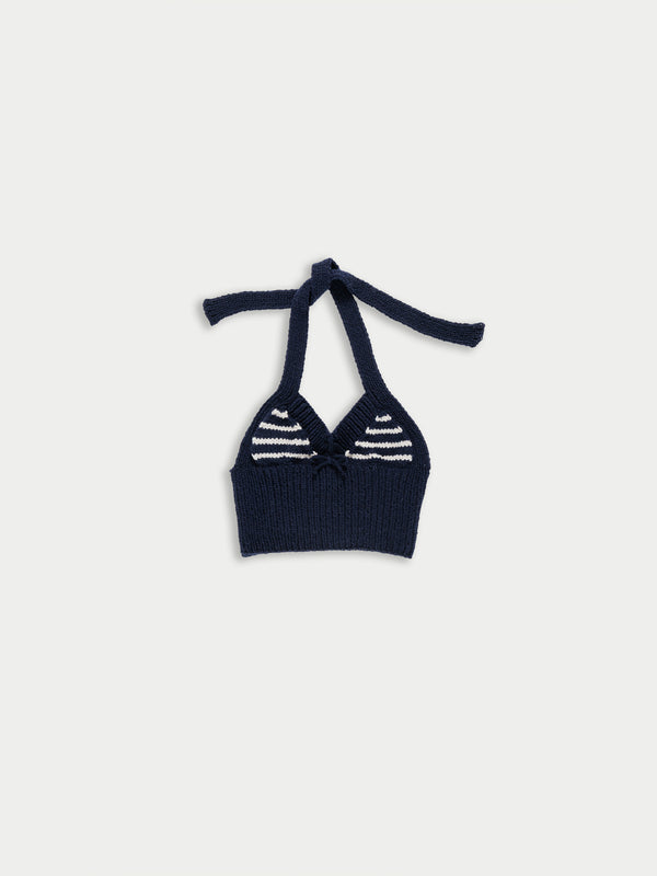 LUCIA Hand-knitted Halterneck Bralette - Navy / Ecru