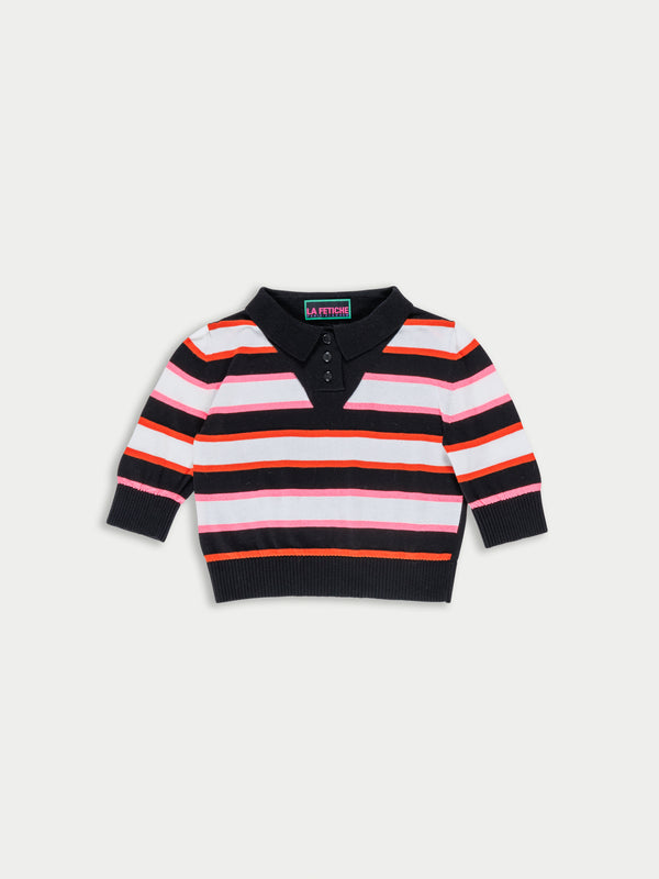 MOIRA Striped Cropped Polo Sweater - Black / White
