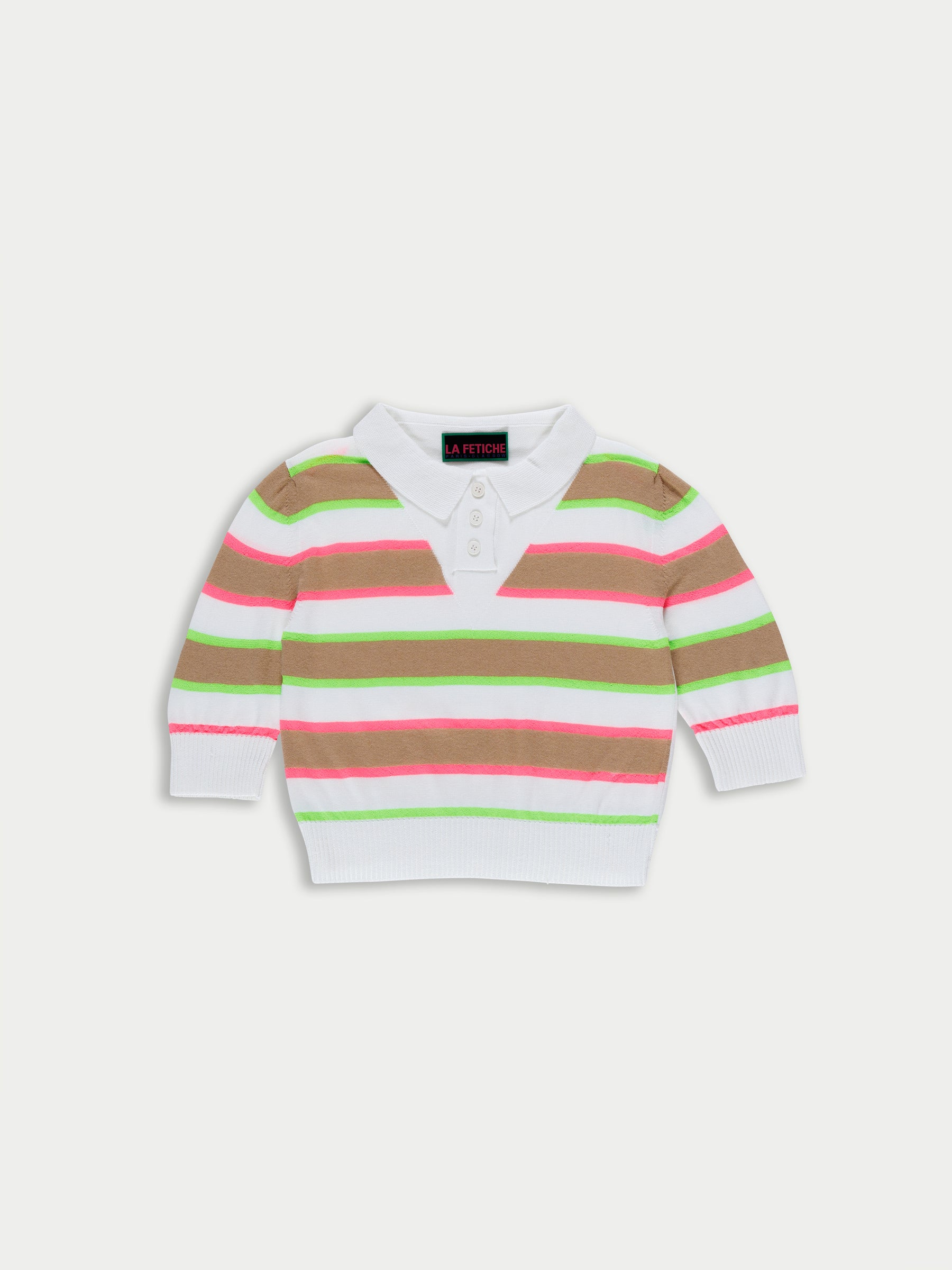 MOIRA Striped Cropped Polo Sweater - White / Camel
