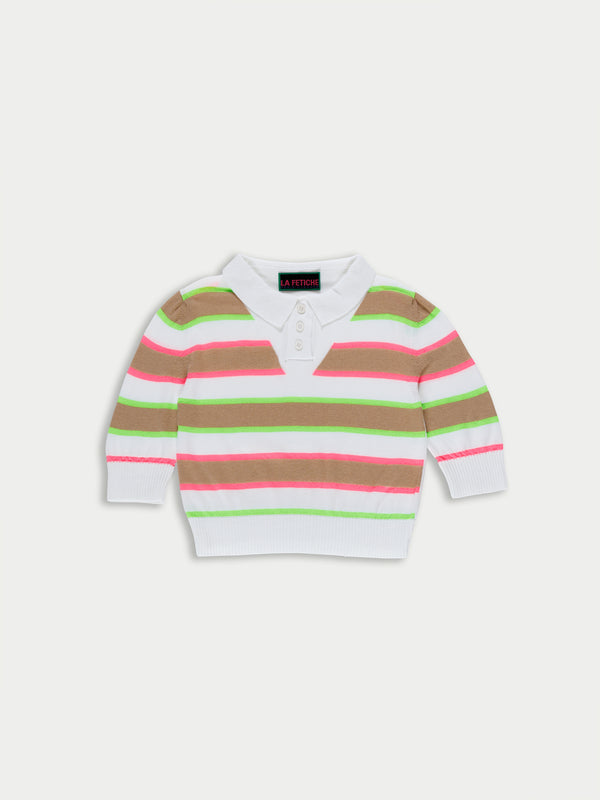 MOIRA Striped Cropped Polo Sweater - White / Camel