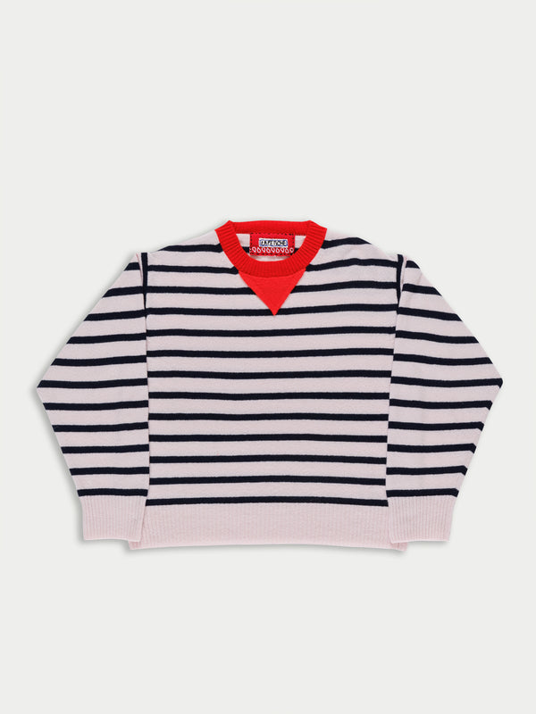 OLGA Unisex Striped Crew Neck Sweater - Pale Pink / Navy Red