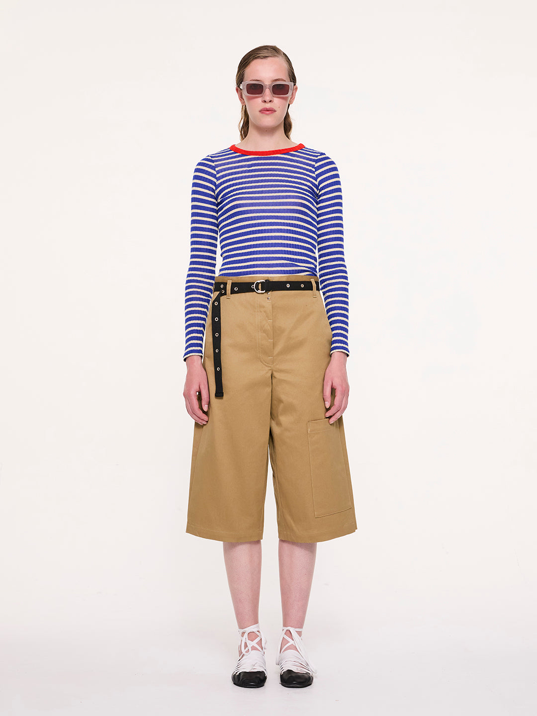 JACKIE RAYE Fine Weight Ribbed Top - Blue / Ecru / Red
