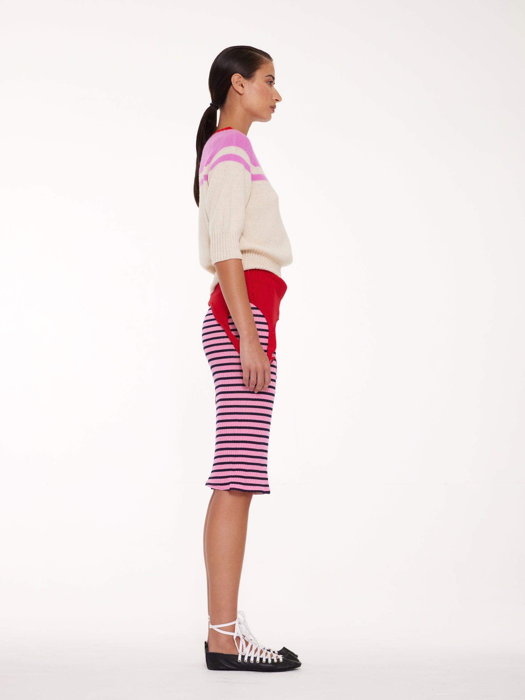 ADY 3/4 Sleeve Sweater - Ecru / Pink / Red