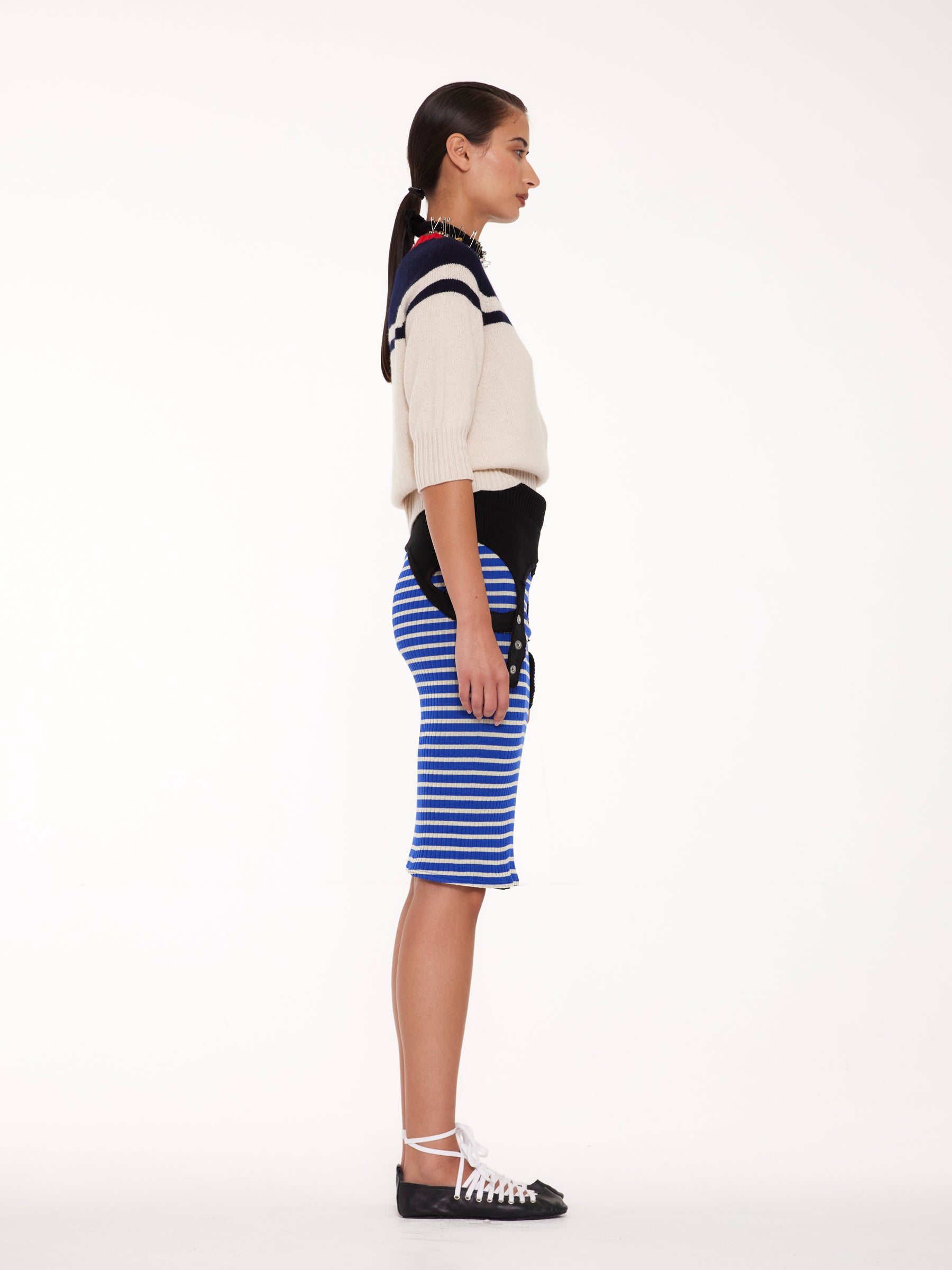ADY 3/4 Sleeve Sweater - Ecru / Navy / Red
