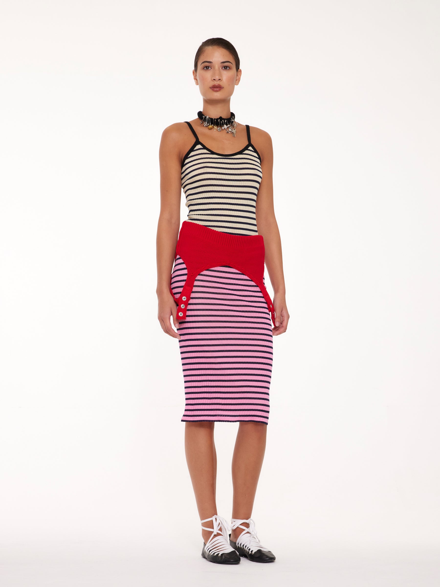 JADE Striped Fine Weight Ribbed Cami Top - Ecru / Navy / Black