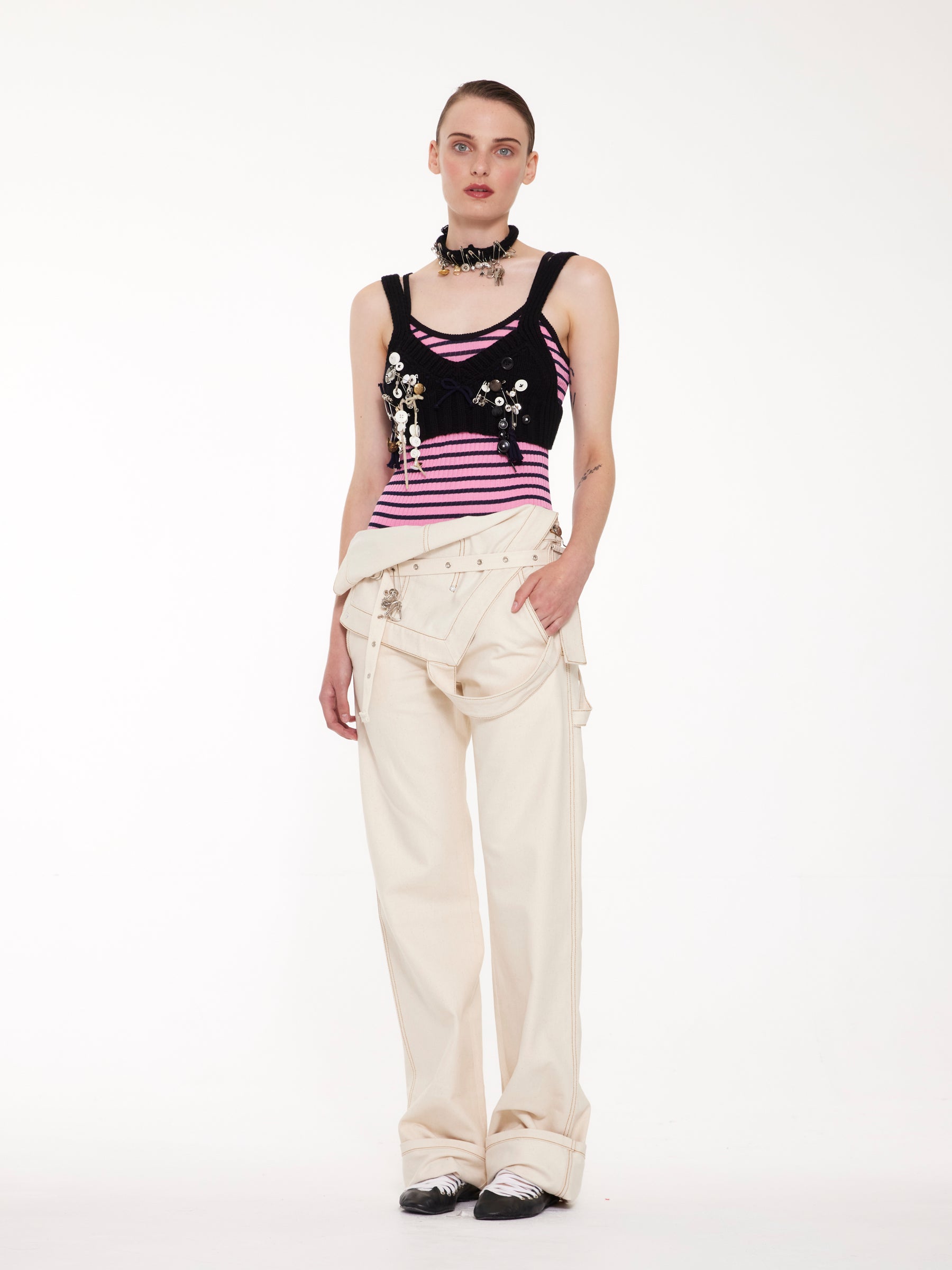 JADE Striped Fine Weight Ribbed Cami Top - Pink / Navy / Black