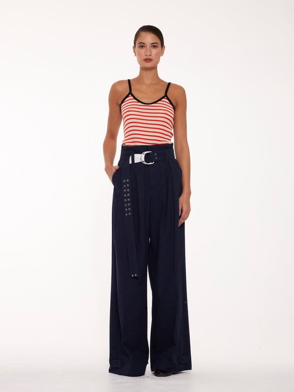 JADE Striped Fine Weight Ribbed Cami Top - Ecru / Red / Black