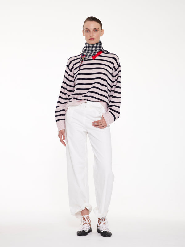 OLGA Unisex Striped Crew Neck Sweater - Pale Pink / Navy Red