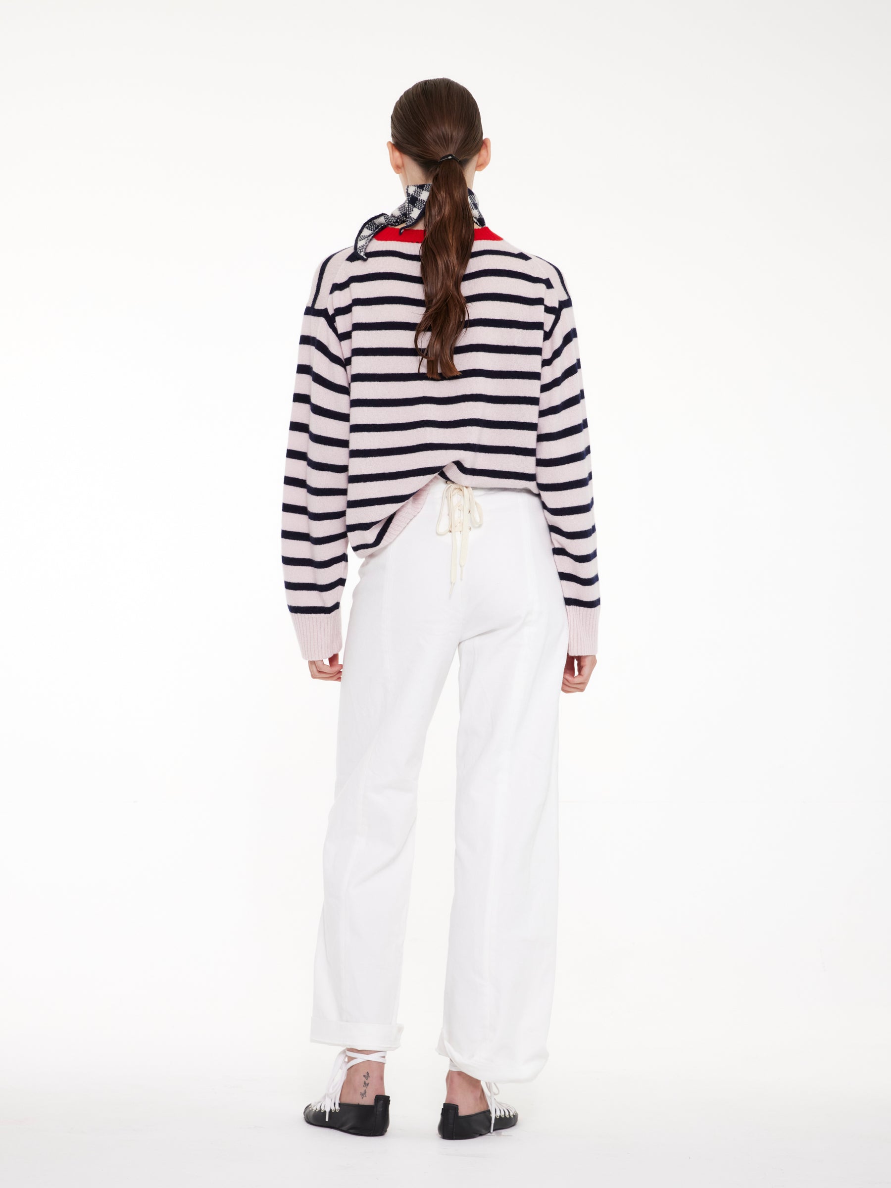 OLGA Unisex Striped Crew Neck Sweater - Pale Pink / Navy Red