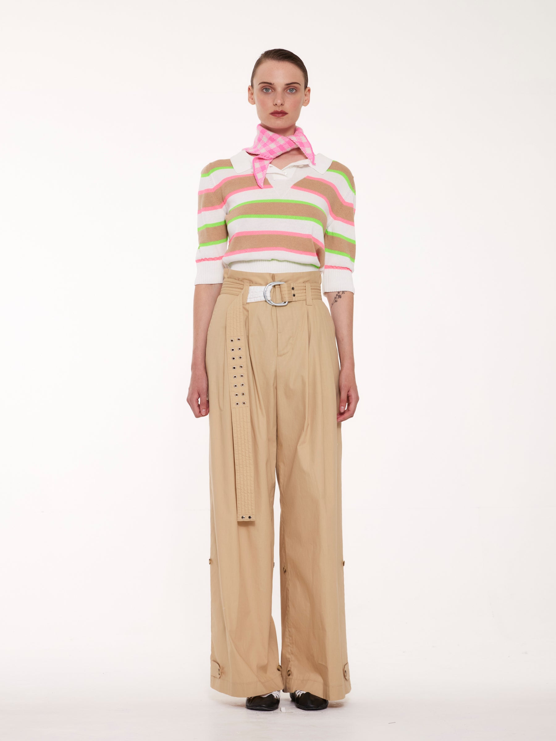 MOIRA Striped Cropped Polo Sweater - White / Camel