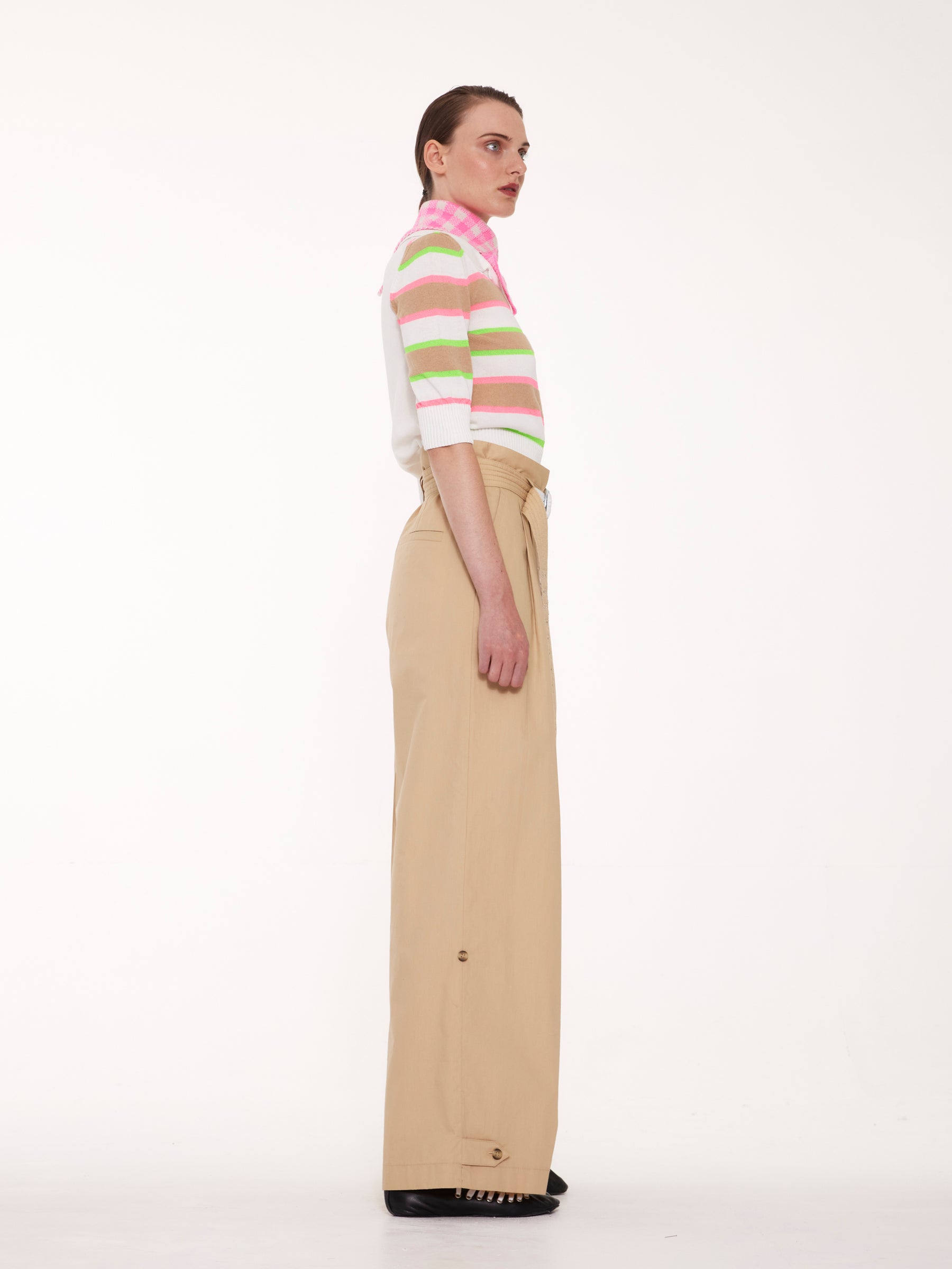 MOIRA Striped Cropped Polo Sweater - White / Camel