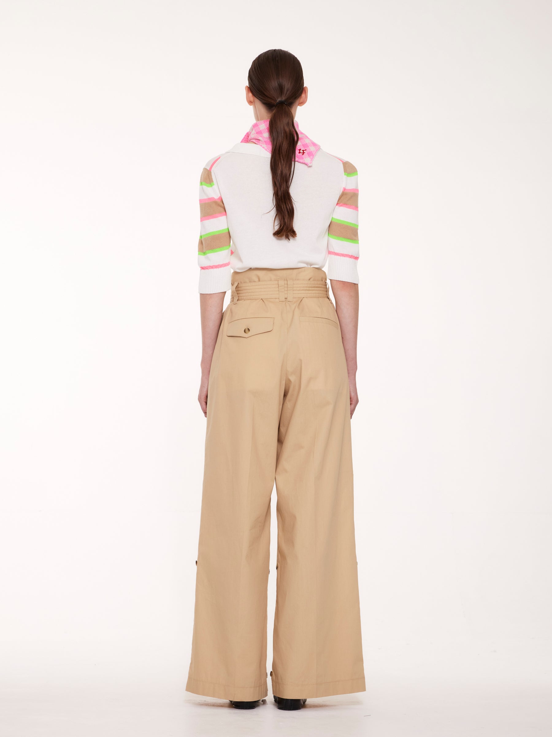 MOIRA Striped Cropped Polo Sweater - White / Camel