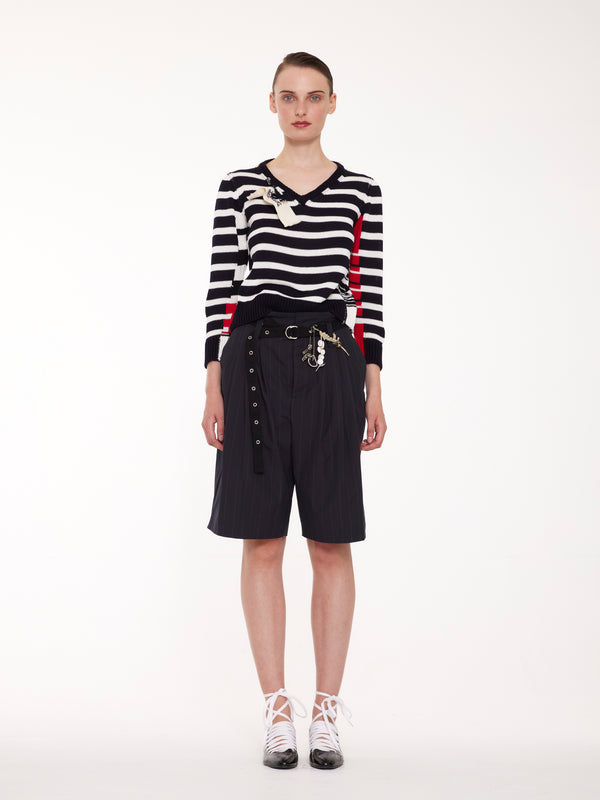 MITZI V-neck Colour Block Striped Sweater - Navy / White / Red / Black