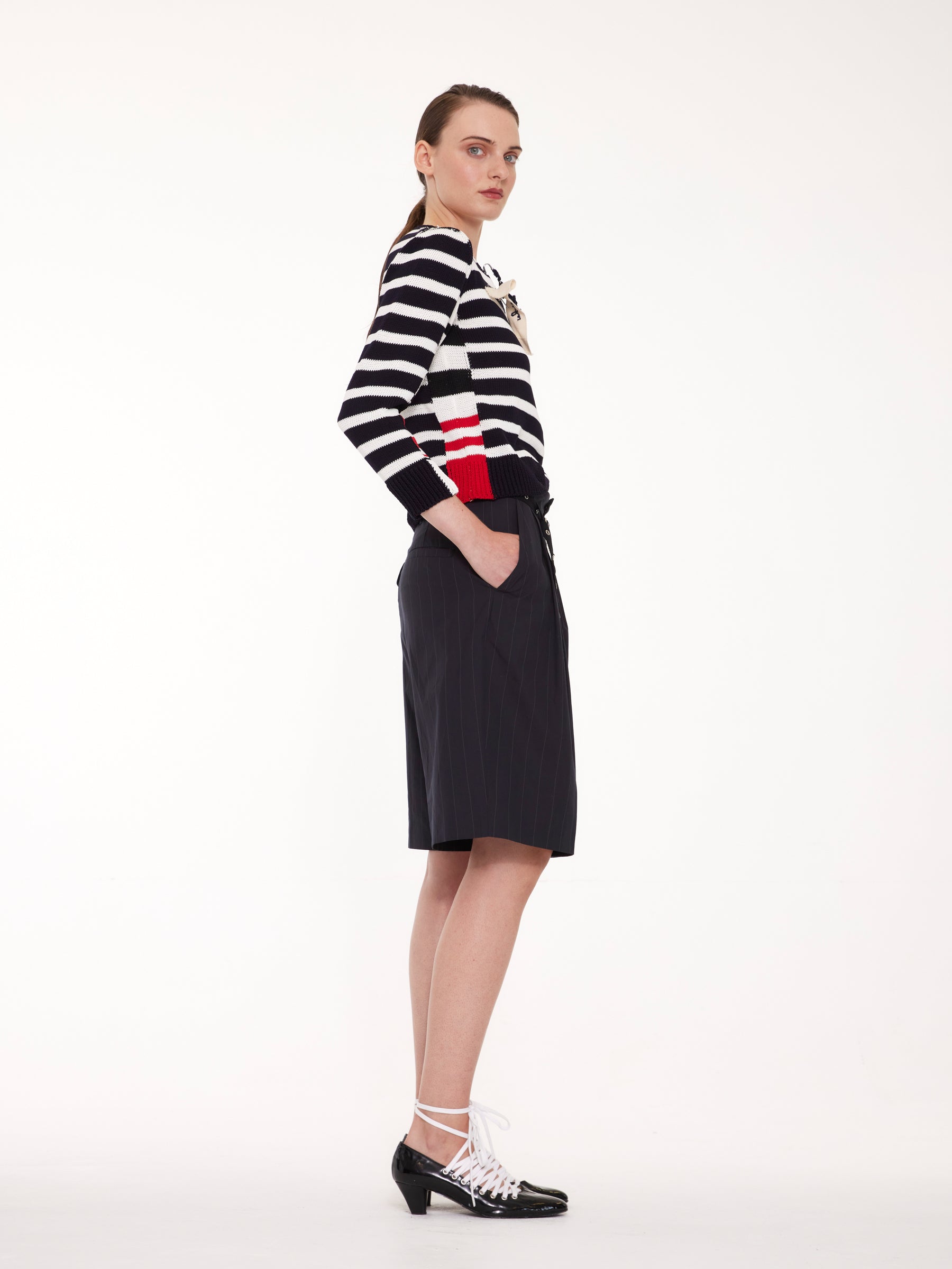 MITZI V-neck Colour Block Striped Sweater - Navy / White / Red / Black
