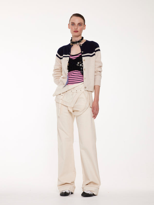 MAAR Crew Neck Cardigan - Ecru / Navy